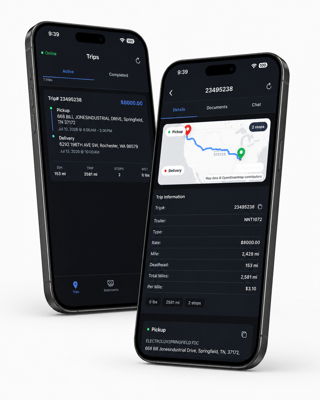 NNT GO mobile application showing trip list and trip details on smartphone mockups